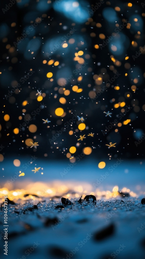 Fototapeta premium Golden snowflakes illuminated by soft light over a snowy forest floor at twilight