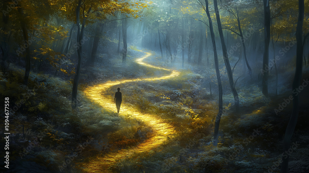 Fototapeta premium A person walking along a winding path through a forest, symbolizing the journey of self-discovery and healing
