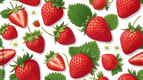 Seamless design featuring sliced strawberries and leaves, isolated on white for a fresh, playful style. 