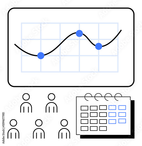 Line graph with three blue data points five people icons, calendar with highlighted dates. Ideal for business, meeting scheduling, data tracking, productivity, analysis, planning, teamwork. Line