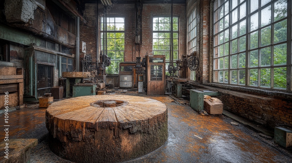 An Abandoned Workshop with a Large Tree Trunk in the Center An Abandoned Workshop with a Large Tree Trunk in the Center