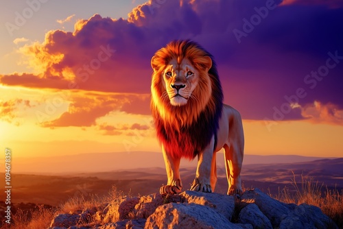 Majestic lion on mountain at sunset