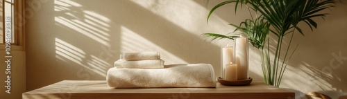 A serene spa setting featuring stacked towels, a candle, and a potted plant, illuminated by soft, natural light.