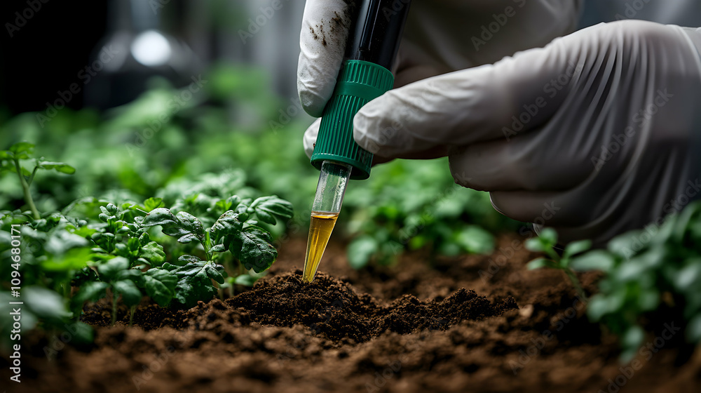 A Gloved Hand Carefully Drips Liquid From A Pipette Into The Soil Next To A Row Of Young Green Plants A Gloved Hand Carefully Drips Liquid From A Pipette Into The Soil Next To A Row Of Young Green Plants