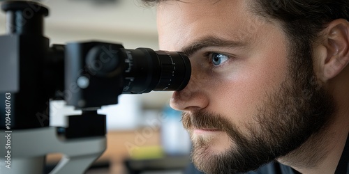 Focused Male Scientist Using Advanced Microscope in Lab Setting