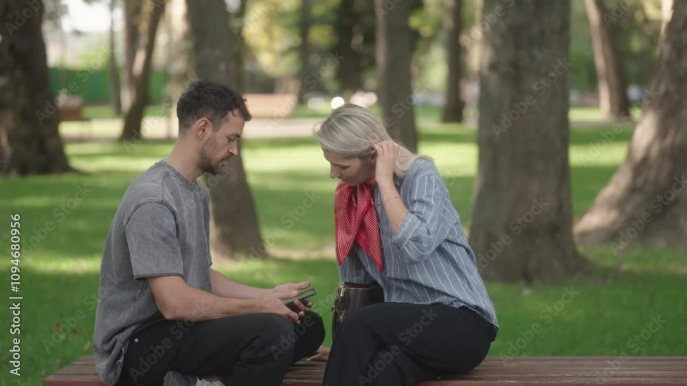 A young couple sits on a park bench, holding hands and talking. The woman gestures with her hands as she speaks to the man. They appear to be having a serious conversation. A young couple sits on a park bench, holding hands and talking. The woman gestures with her hands as she speaks to the man. They appear to be having a serious conversation.
