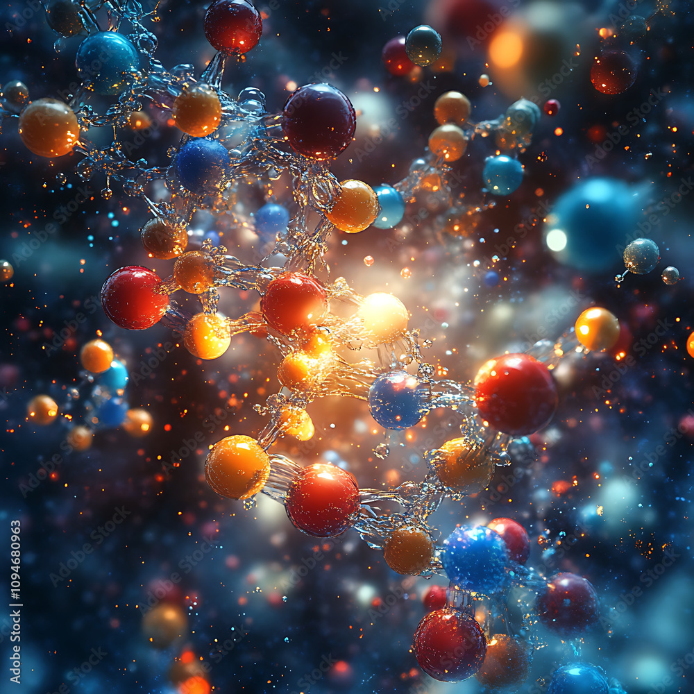 Visual representation of molecular structures with colorful atoms and bonds, showcasing beauty of combinatorial chemistry and molecular interactions Visual representation of molecular structures with colorful atoms and bonds, showcasing beauty of combinatorial chemistry and molecular interactions