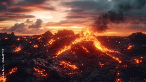 Volcanic Eruption at Sunset - Fiery Landscape