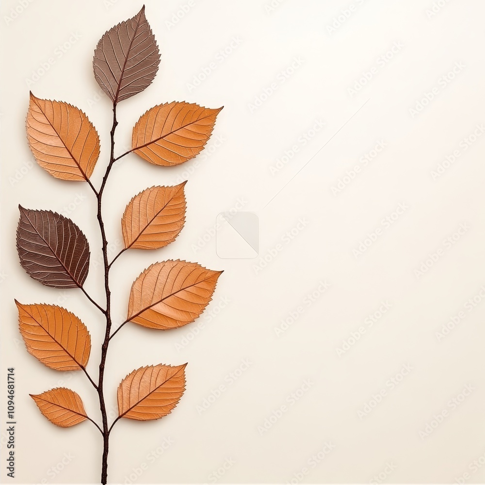 Fototapeta premium Autumn Branch with Brown and Orange Leaves Fall Foliage Nature Background