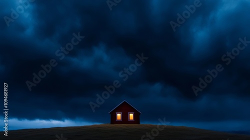 A small red house sitting on top of a hill under a stormy sky