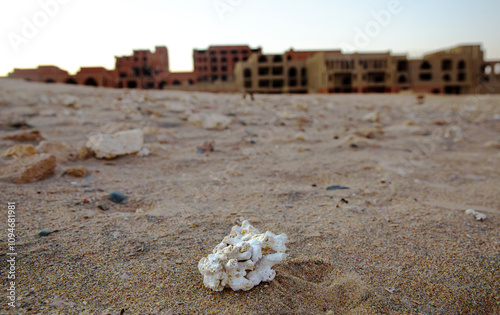 One piece of dead white coral lies  in foreground  near abandoned building, that perhaps was a hotel, but  constraction was stopped and this bulding became as one of abandoned and unfinished building  photo