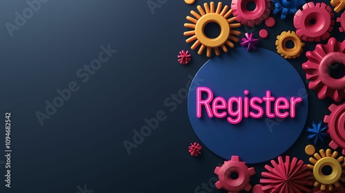 Register signup. A colorful design featuring the word 