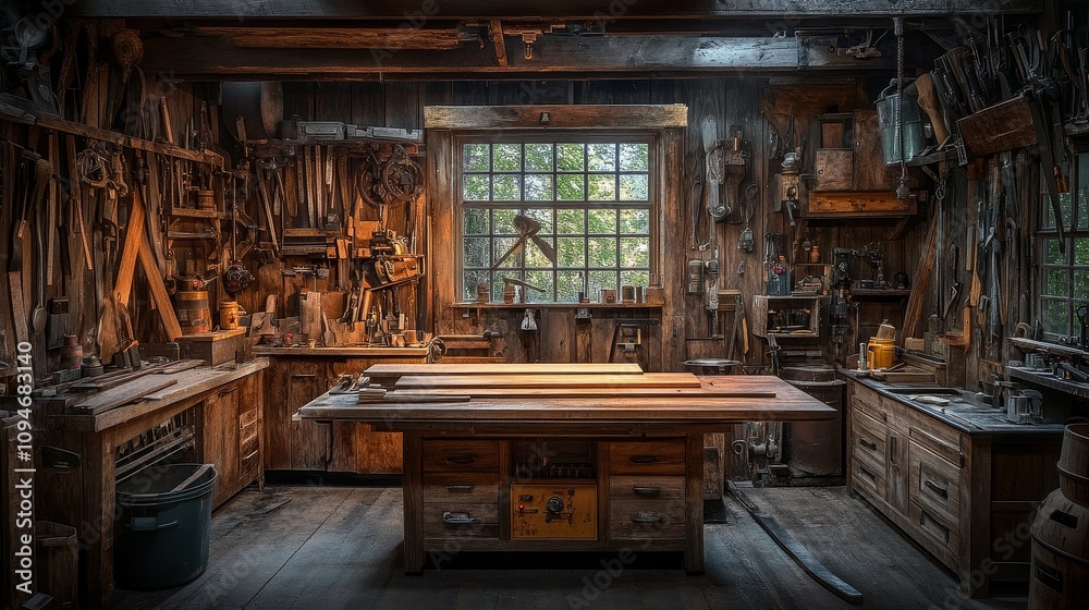 A Well-Equipped Woodworking Workshop with Tools and Workbench A Well-Equipped Woodworking Workshop with Tools and Workbench