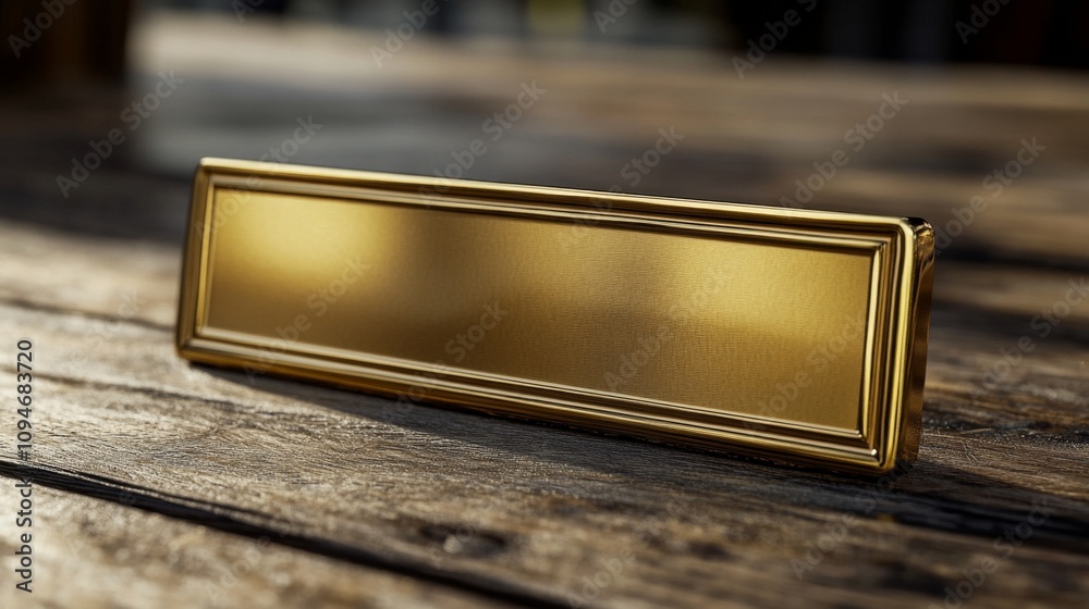 Golden Plaque on Rustic Wooden Surface Golden Plaque on Rustic Wooden Surface