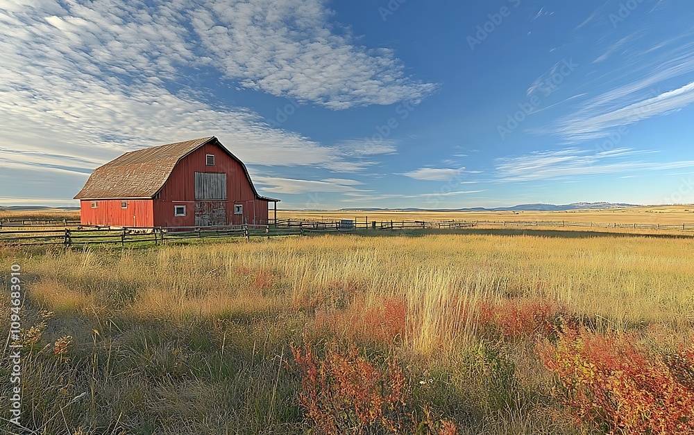 Rustic red barn in a golden field under a blue sky. Rustic red barn in a golden field under a blue sky.