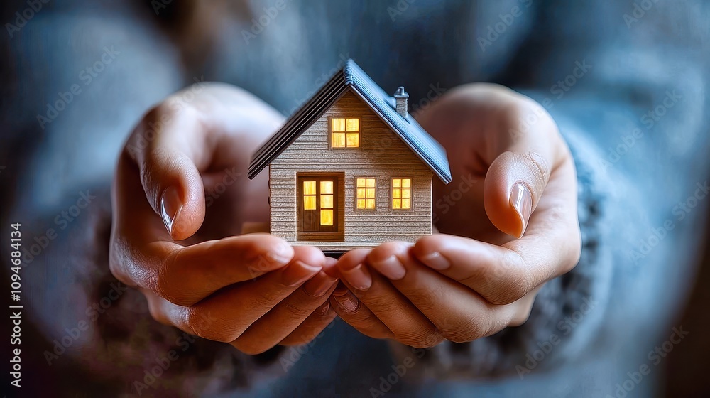 Hands nurturing a small house figure, symbolizing dreams of home, community, and warmth in nature’s embrace during autumn Hands nurturing a small house figure, symbolizing dreams of home, community, and warmth in nature’s embrace during autumn