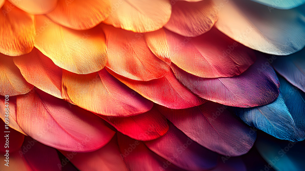 Close-up View of Overlapping Feathers with Vibrant Colors in a Gradient Pattern, Creating a Textured and Abstract Background