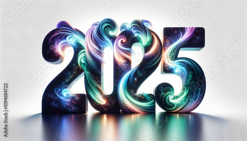 Majestic 2025 aurora logo sign with bold 3D numerals, celestial northern lights new year typography design photo