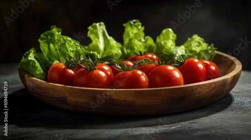 A collection of ripe tomatoes sits on a wooden plate, surrounded by vibrant greens. The soft, dim lighting creates a cozy atmosphere, perfect for a culinary inspiration in the kitchen.