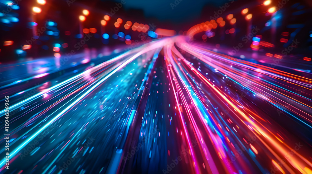 Abstract 3D Neon Light Streaks Converge on Road at Night, Creating a Dynamic Speed and Energy Background Abstract 3D Neon Light Streaks Converge on Road at Night, Creating a Dynamic Speed and Energy Background