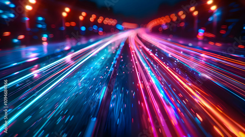 Abstract 3D Neon Light Streaks Converge on Road at Night, Creating a Dynamic Speed and Energy Background