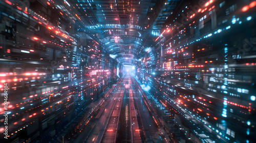 Abstract 3D Digital Tunnel: Data Streams Flowing Through Cyberspace with Vivid Red and Blue Lights