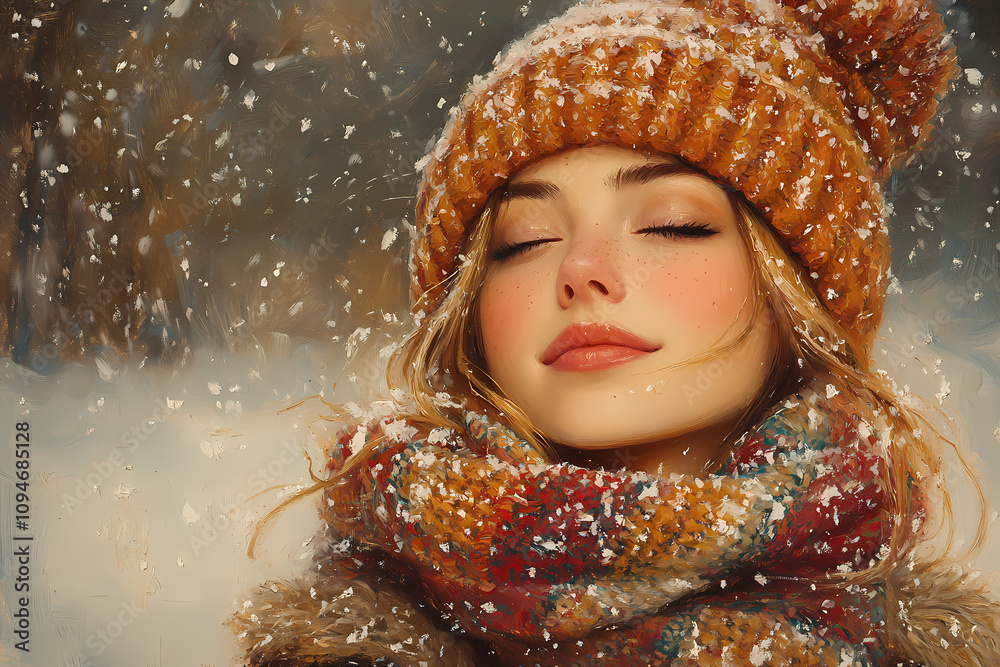 In this oil painting of primitive folk art, a young girl enjoys a winter night surrounded by warm earthy colors In this oil painting of primitive folk art, a young girl enjoys a winter night surrounded by warm earthy colors