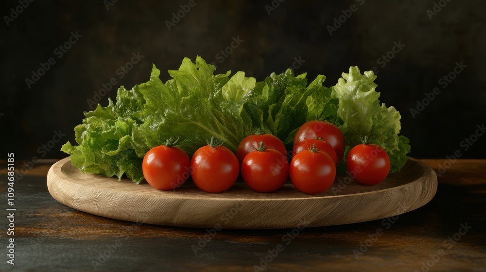 A collection of ripe tomatoes sits on a wooden plate, surrounded by vibrant greens. The soft, dim lighting creates a cozy atmosphere, perfect for a culinary inspiration in the kitchen. A collection of ripe tomatoes sits on a wooden plate, surrounded by vibrant greens. The soft, dim lighting creates a cozy atmosphere, perfect for a culinary inspiration in the kitchen.