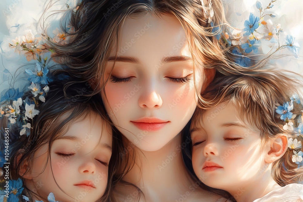 A close-up image of a happy mother with her children, focusing on their faces. The mother has a friendly expression, her eyes radiating warmth and love for the children. The children look joyful A close-up image of a happy mother with her children, focusing on their faces. The mother has a friendly expression, her eyes radiating warmth and love for the children. The children look joyful