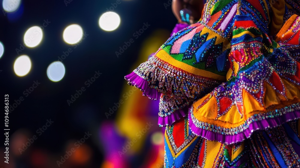 Fototapeta premium Close-up of an Ecuadorian dancer's vibrant costume, showcasing intricate beadwork and fabric