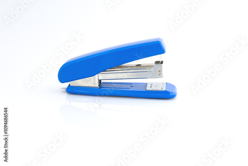 Blue stapler isolated on white background. Paper stapler