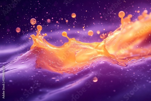 Graphic resources with a yellow-purple background decorated with drops and bubbles. The elements create the impression of depth and volume,