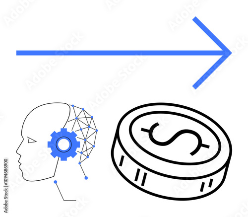 Human head with gear, dollar coin, and arrow indicating direction. Ideal for financial planning, innovation, investments, economic growth, technological advancement, decision making business