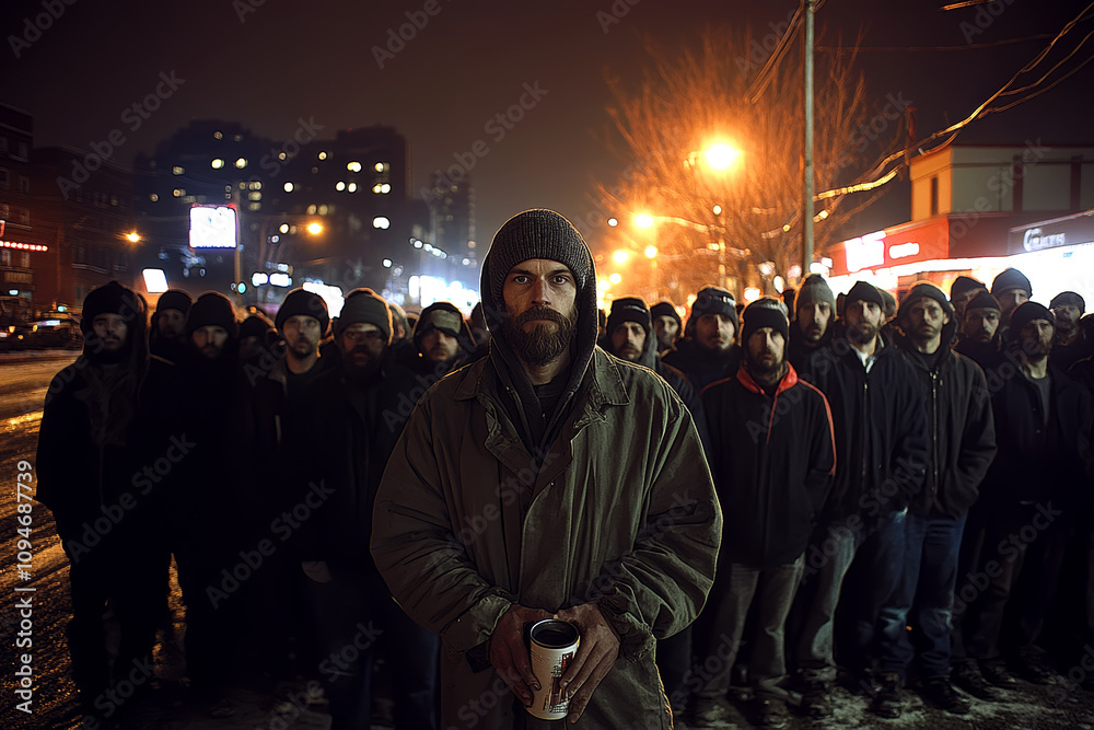 Obraz premium Homeless Man Standing in Line at Night with Group in Urban Street Setting