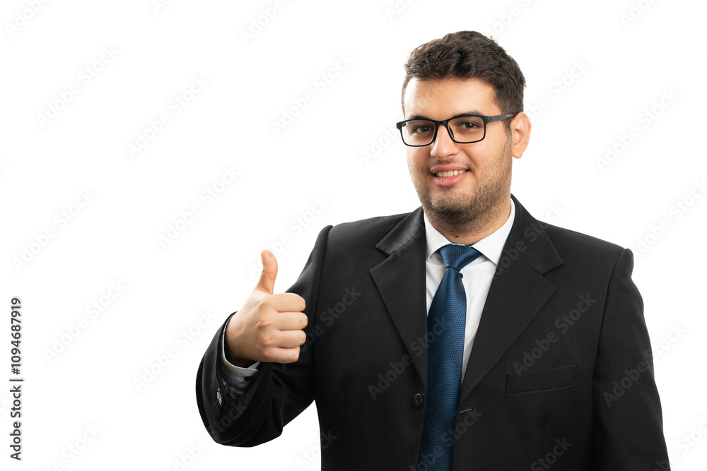 Male entrepreneur smiling showing thumb up with copyspace Male entrepreneur smiling showing thumb up with copyspace