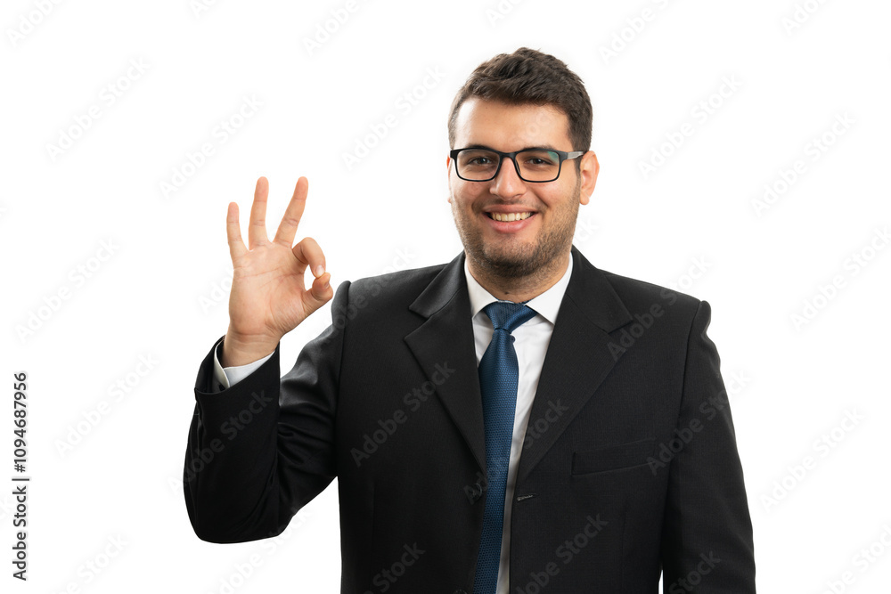 Cheerful businessman smiling showing okay gesture wearing suit Cheerful businessman smiling showing okay gesture wearing suit