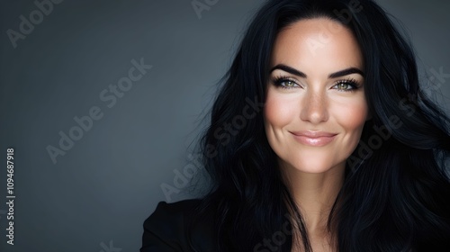 europejska kobieta, długie faliste czarne włosy, zbliżenie, piękna, uśmiechnięta, wyrazisty makijaż, tło, modelka, artystyczny makijaż, patrząca w kamerę, śmiech, portret, radosna, stylowa, wyrazista,