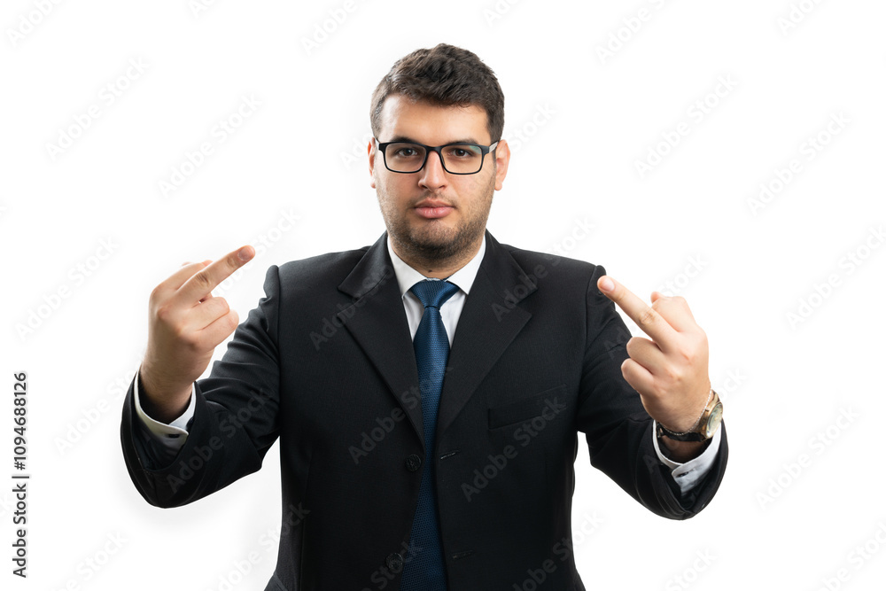 Businessman wearing suit showing double middle fingers gesture Businessman wearing suit showing double middle fingers gesture