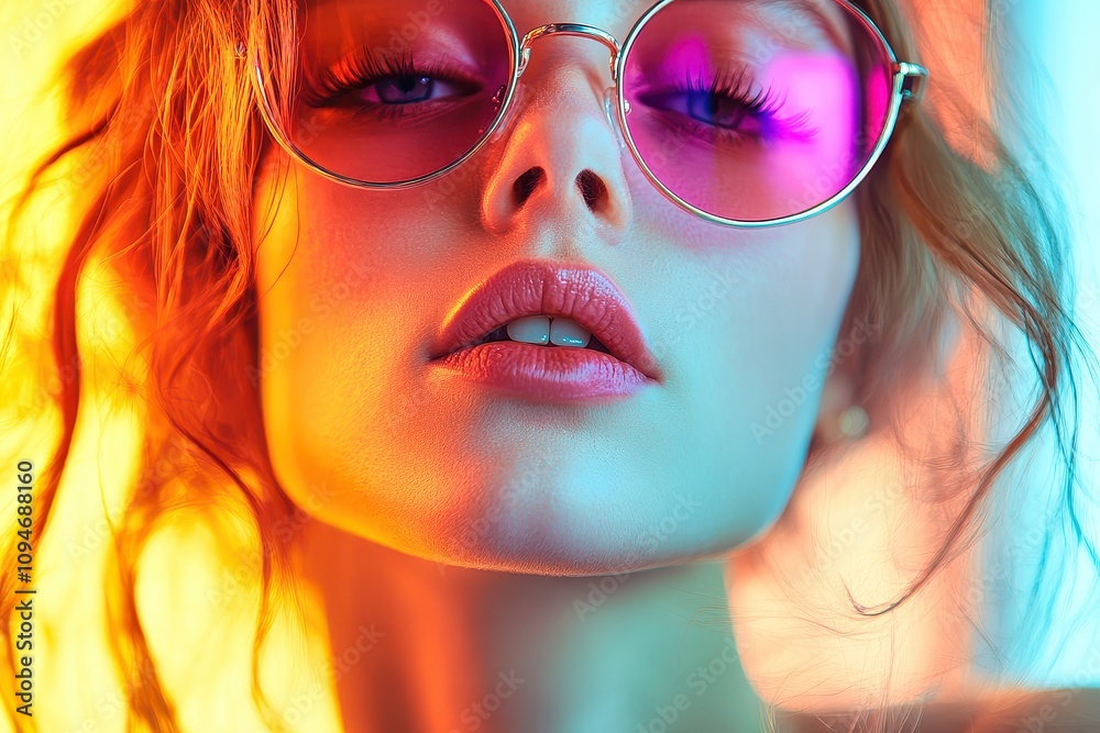 Captivating portrait of a young woman in vibrant sunglasses highlighting her striking features and colorful backdrop Captivating portrait of a young woman in vibrant sunglasses highlighting her striking features and colorful backdrop