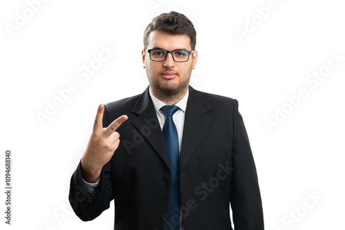 Corporate businessman holding fingers as number two counting photo