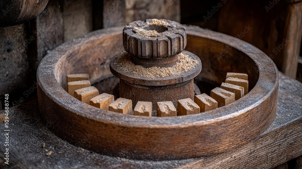 Close-up of an antique wooden gear mechanism with teeth and a central gear Close-up of an antique wooden gear mechanism with teeth and a central gear