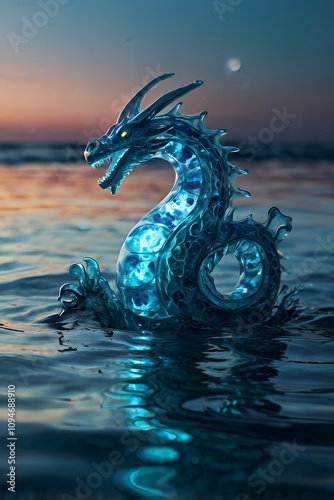 A sea dragon of translucent water and glowing bioluminescence emerging from a vortex-filled surreal ocean, inspiring wonder. photo