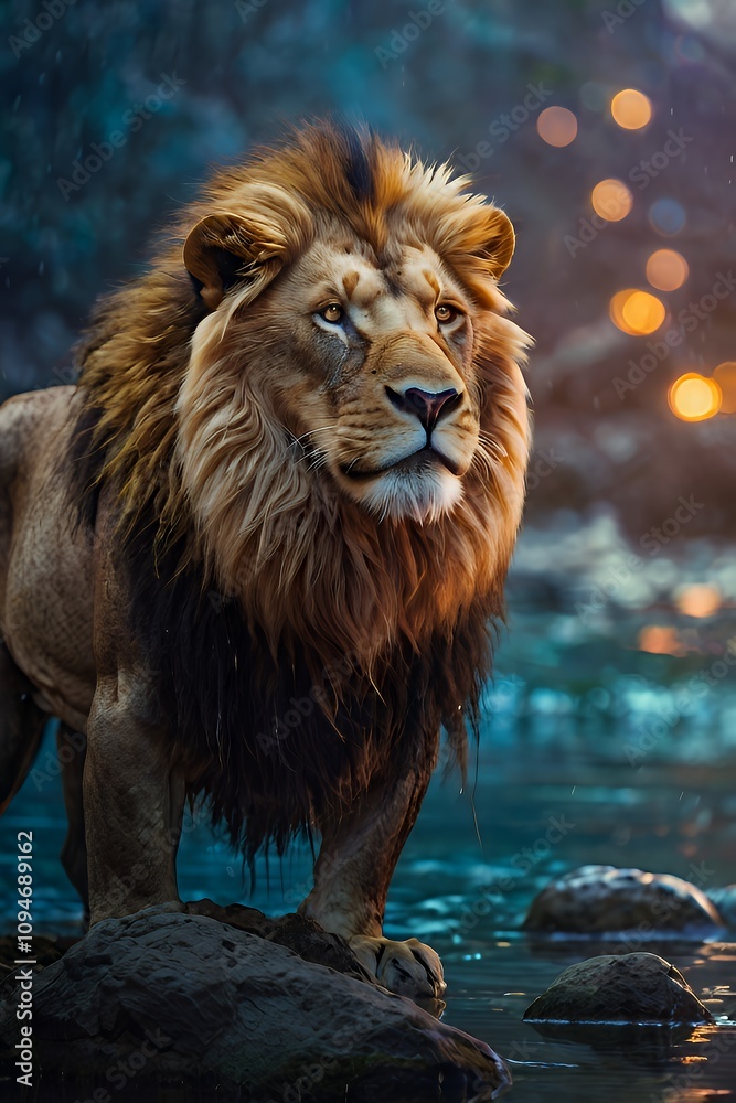 Obraz premium Regal Lion by the Water's Edge