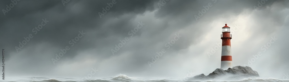 A solitary lighthouse stands resilient against stormy seas, its red and white stripes contrasting with dark clouds and turbulent waves. A solitary lighthouse stands resilient against stormy seas, its red and white stripes contrasting with dark clouds and turbulent waves.