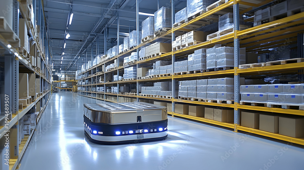 Fototapeta premium Automated Guided Vehicle Navigates Modern Warehouse Aisles, Transporting Goods Efficiently Across Storage Racks.