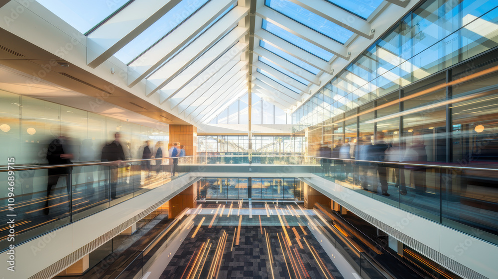 A vibrant workspace showcasing a modern office interior with people moving, featuring expansive glass walls and bright skylights. A vibrant workspace showcasing a modern office interior with people moving, featuring expansive glass walls and bright skylights.
