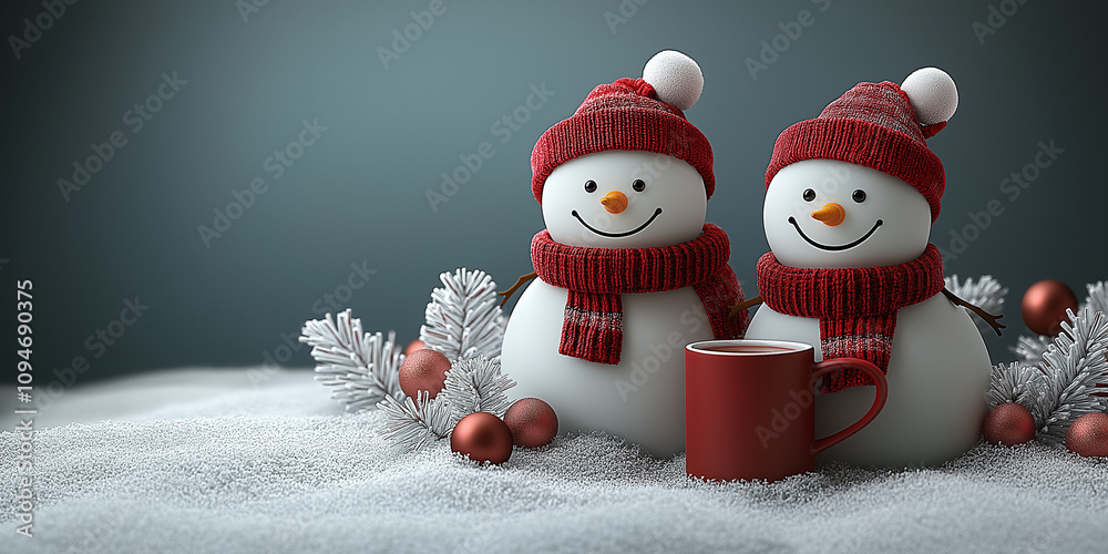 Obraz premium Two happy snowmen enjoying a cup of hot cocoa on a snowy winter day. Perfect for Christmas, winter, and holiday themes.