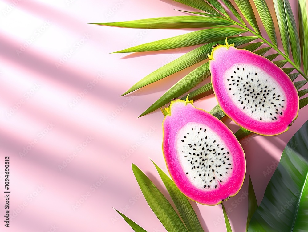 Top view of pattaya halves fruit on palm leaves on pink background, exotic fruit summer background Top view of pattaya halves fruit on palm leaves on pink background, exotic fruit summer background