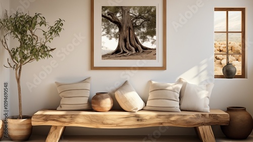 Boho farmhouse living room featuring a rustic wooden bench and unique tree cross-section wall art. Warm, natural, and cozy style.