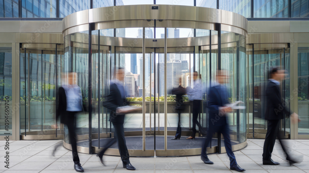 Fototapeta premium A dynamic scene featuring diverse professionals, both male and female, entering and exiting a modern glass revolving door in a bustling urban environment.